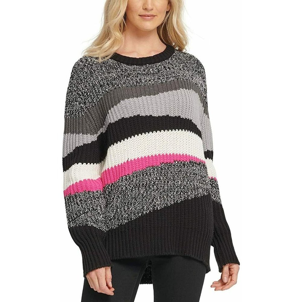 DKNY Womens Medium M Striped Cable Knit Crewneck Pullover Sweater